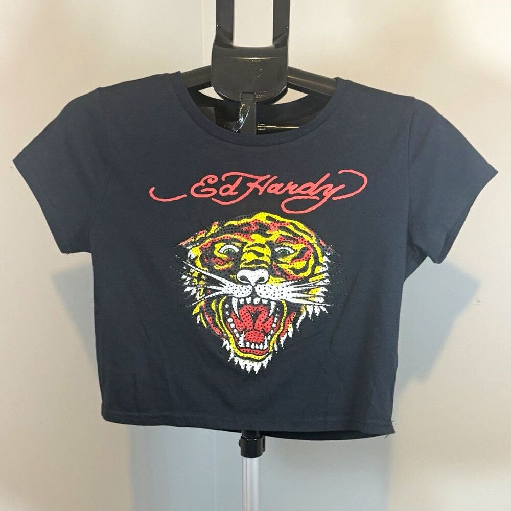 Ed Hardy Women’s L Black Cropped Crew Neck Short Sleeve Tiger Graphic Tee